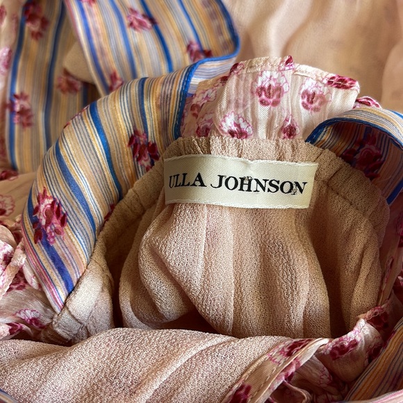 Ulla Johnson Silk Dress Size 2 Pink and Blue Printed Low V Neck Knee Elegant - Picture 3 of 9